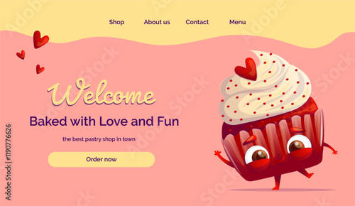 A playful illustration for a main screen featuring a cheerful Red Velvet cupcake character with a friendly smile and a waving hand. Perfect for apps, websites, or dessert-themed projects.