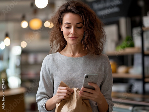 Woman checks phone while holding takeout bag in cafe photo