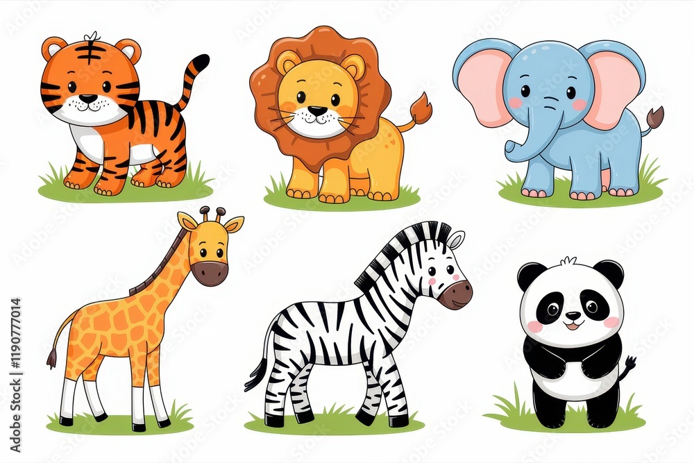 Obraz premium Adorable Cartoon Animals Set in Grassy Patches