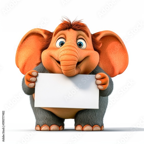 Quirky elephant displays a surprised expression while holding a blank sign in a bright and playful setting