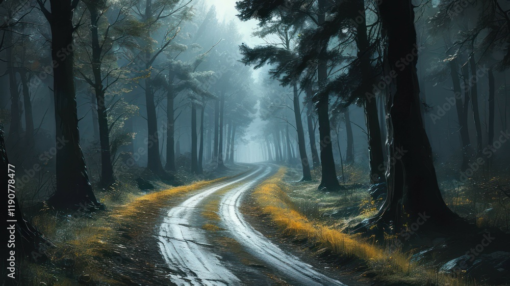 Fototapeta premium Misty forest road leads through tall trees, creating a serene and tranquil atmosphere for exploration and relaxation