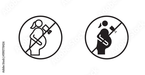 No alcohol during pregnancy period sign vectors set in black. line and flat versions