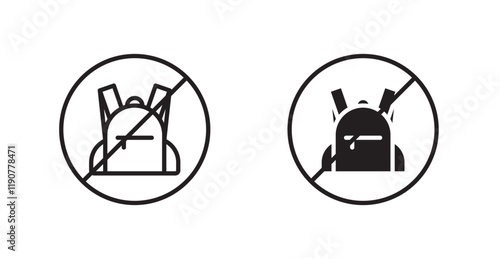 No backpacks allowed sign vectors set in black. line and flat versions