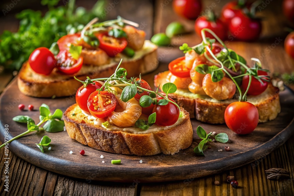 Gourmet Shrimp Toast Appetizer: Low-Light Photography of Delicious Toasted Bread with Shrimps, Tomatoes, and Pea Sprouts Gourmet Shrimp Toast Appetizer: Low-Light Photography of Delicious Toasted Bread with Shrimps, Tomatoes, and Pea Sprouts