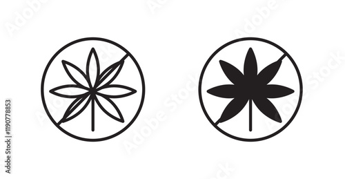 No Marijuana sign vectors set in black. line and flat versions