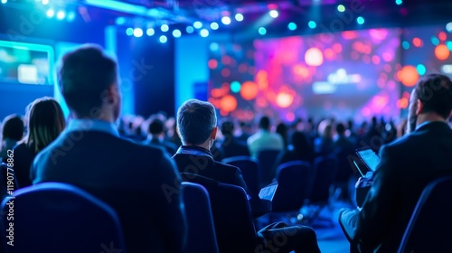 A bustling industrial AI (Artificial Intelligence) innovation summit with industry leaders discussing the impact of AI on future manufacturing and logistics, AI innovation summit scene