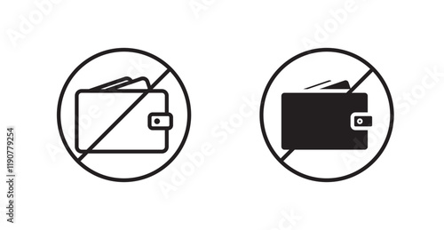 No wallet sign vectors set in black. line and flat versions