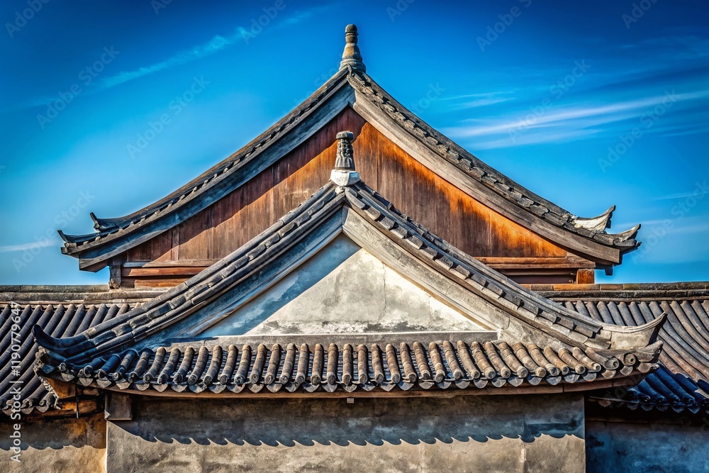 Gray Asian Gable Roof House Wall Against Clear Blue Sky - Urban Exploration Photography Gray Asian Gable Roof House Wall Against Clear Blue Sky - Urban Exploration Photography