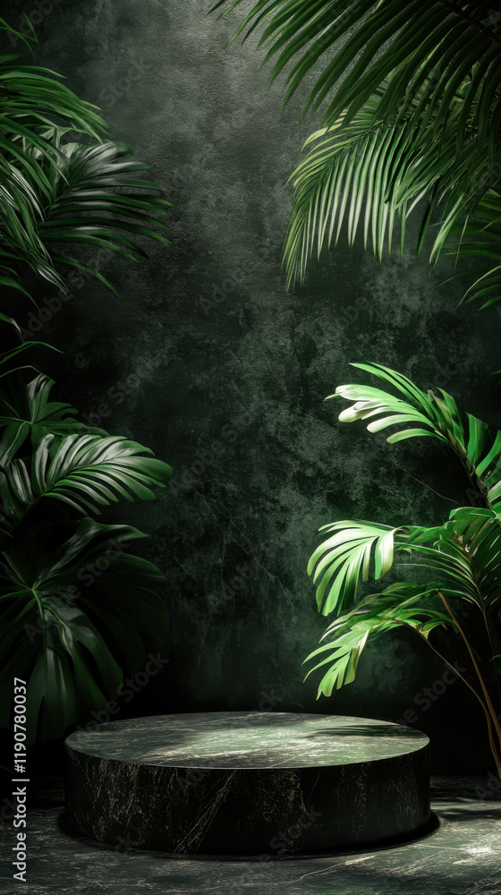 Tropical foliage backdrop with marble display platform Tropical foliage backdrop with marble display platform