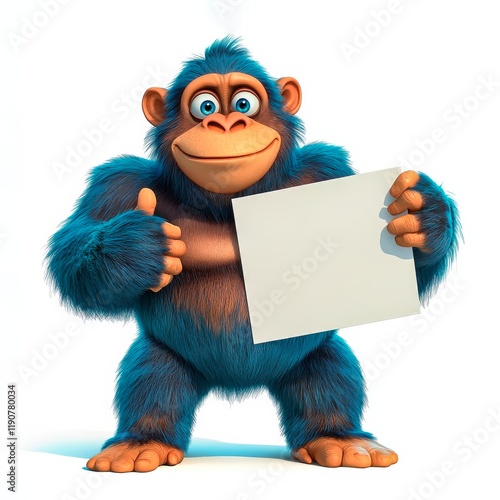 Quirky blue monkey holding a blank sign with a surprised expression in a playful setting