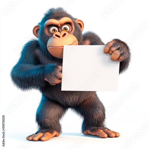 Quirky monkey displays a surprised expression while holding a blank sign against a neutral background