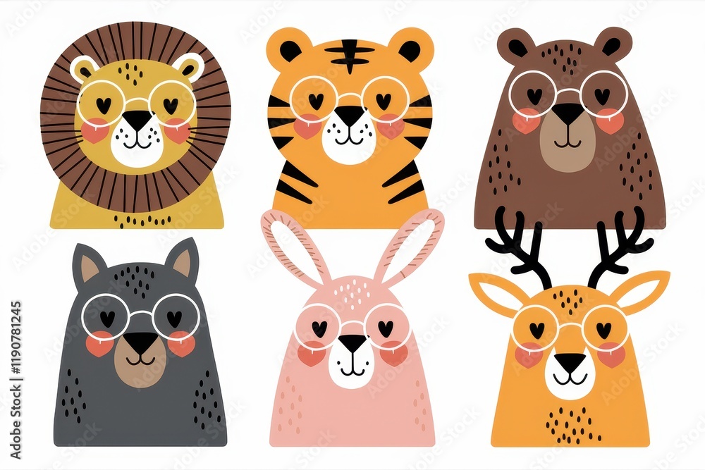 Fototapeta premium Adorable Animals Wearing Heart Shaped Glasses