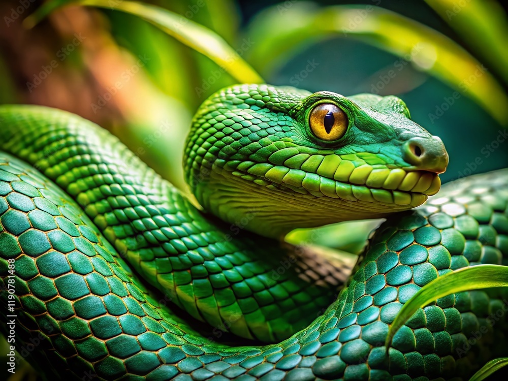 Green Tree Snake Coils in Low Light - High Detail Stock Photo Green Tree Snake Coils in Low Light - High Detail Stock Photo