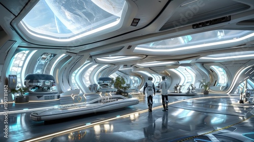Futuristic Space Station Interior with Astronauts
