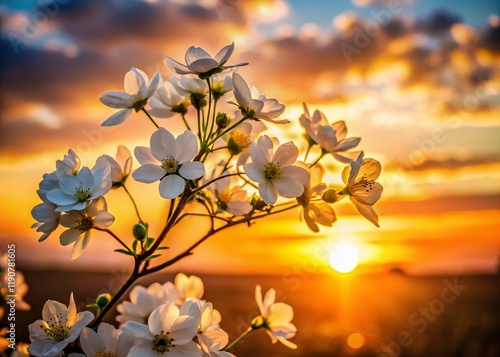 Silhouetted Yasmin Flowers at Sunset: White Blossoms Against Golden Sky photo