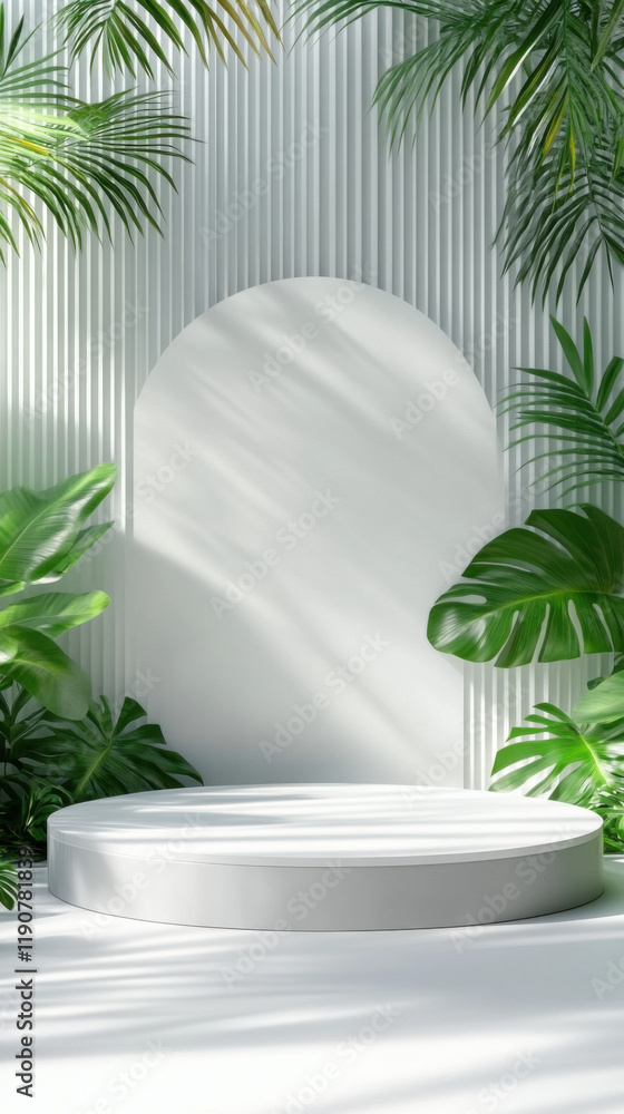 Tropical leaves backdrop, white platform, sunlight, product display Tropical leaves backdrop, white platform, sunlight, product display