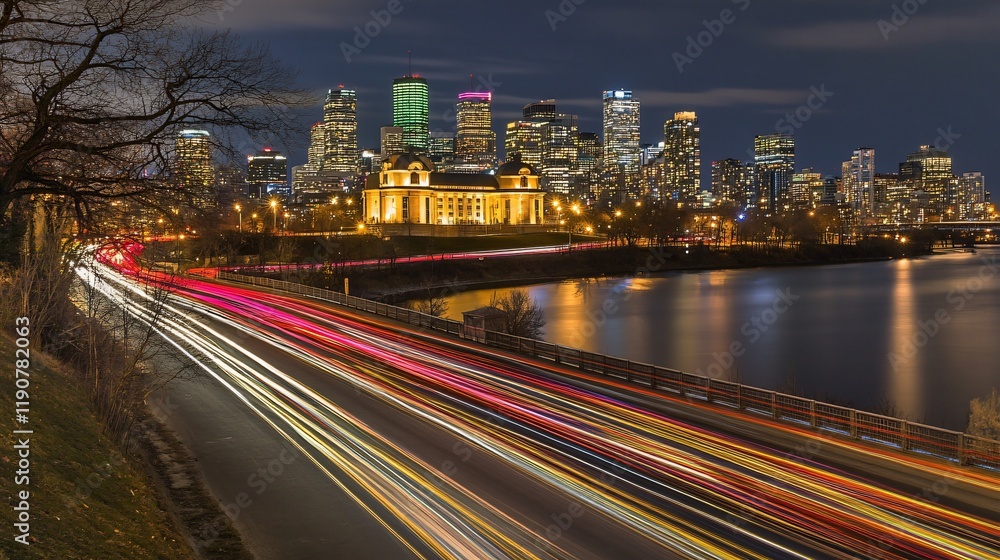 Fototapeta premium Night Cityscape Lights Trails Highway Modern Architecture