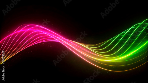 A dynamic abstract design featuring glowing neon lines in blue, green, and purple. The wavy pattern flows across a dark backdrop, creating a futuristic, energetic vibe with a fractal texture.