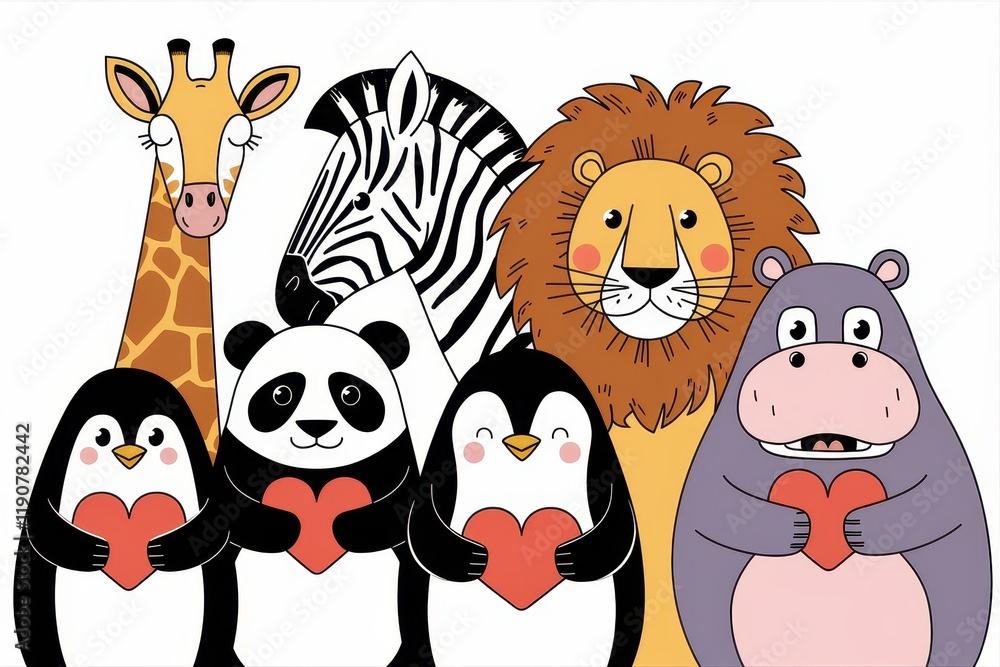 Obraz premium Adorable Animals Holding Hearts Displaying Affection