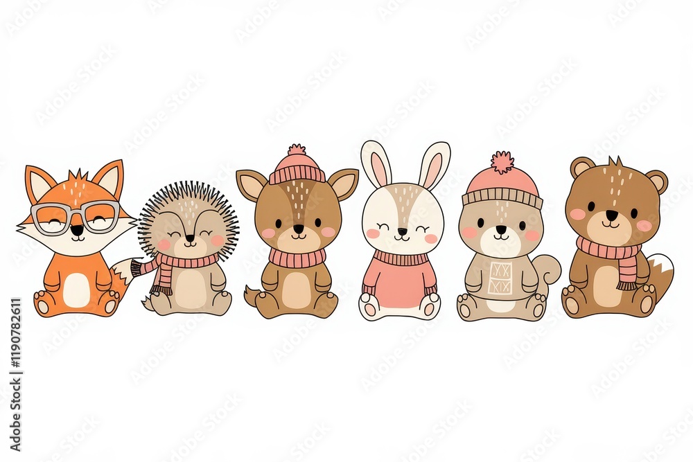 Obraz premium Adorable woodland animals wearing winter attire sitting together