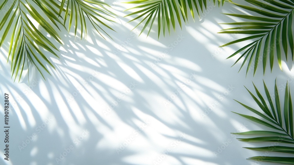 Sunlit Palm Leaves Casting Shadows on a White Background Sunlit Palm Leaves Casting Shadows on a White Background