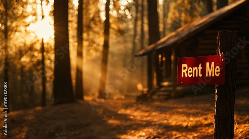 A cozy cabin in a forest setting, with a glowing 