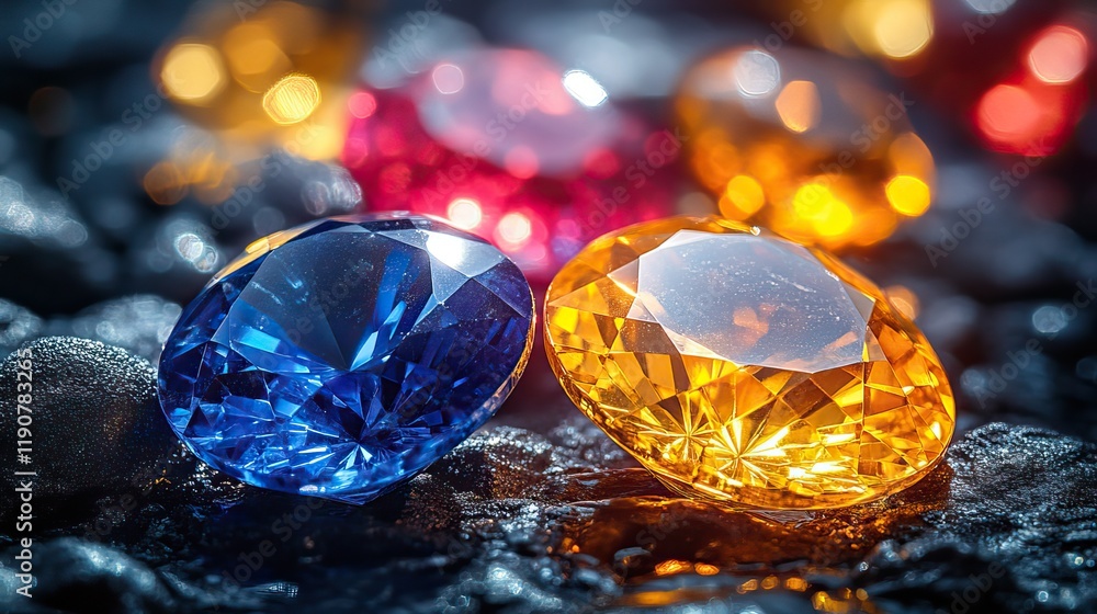Natural sapphires and yellow gemstones are displayed on a shiny black surface, highlighting their beauty Natural sapphires and yellow gemstones are displayed on a shiny black surface, highlighting their beauty