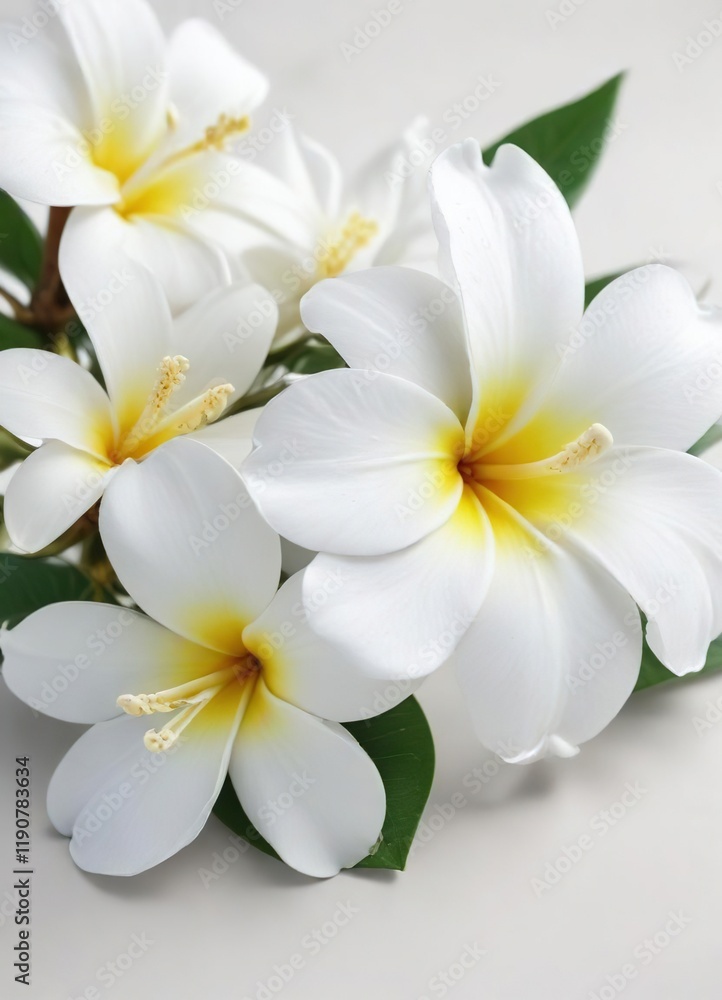 Close-up of white frangipani flower on a clean white background, tropical, floral, natural, petals Close-up of white frangipani flower on a clean white background, tropical, floral, natural, petals