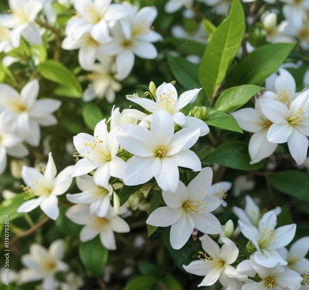 Close-up of white jasmine flowers surrounded by vibrant spring flowers and leaves, delicate petals, botanical beauty, blooming garden Close-up of white jasmine flowers surrounded by vibrant spring flowers and leaves, delicate petals, botanical beauty, blooming garden