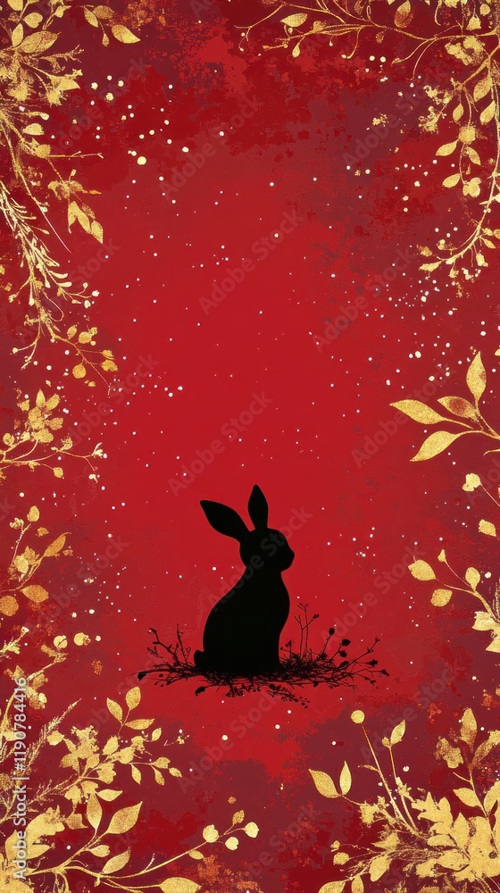 Obraz premium Minimalist Easter Design Featuring a Silhouette of a Rabbit Against a Red Background with Floral Elements for Chinese New Year Celebrations