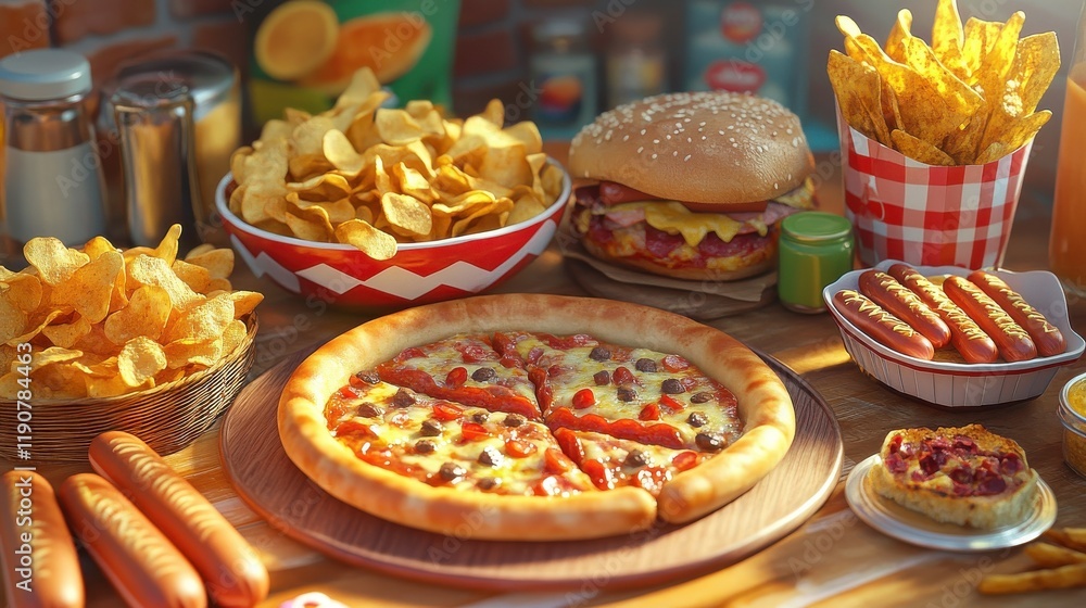 Fototapeta premium An indulgent spread of processed foods featuring pizza, hot dogs, crispy chips, and french fries, perfect for comfort food