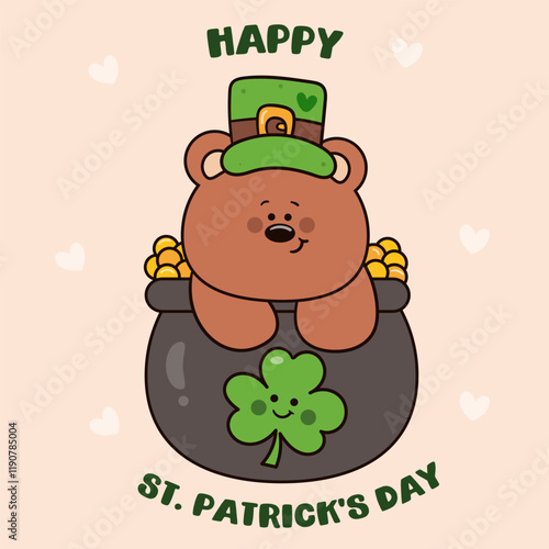 st patricks day party with teddy bear cub in pot of coins wear leprechaun hat
