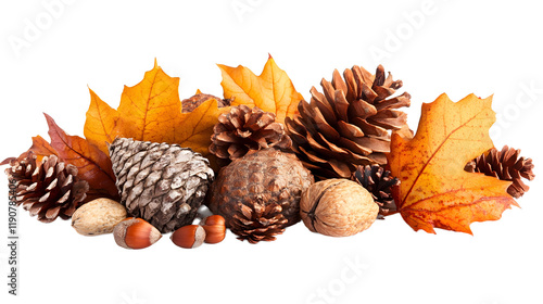 Pile of autumn leaves, pine cones and nuts over a white background
