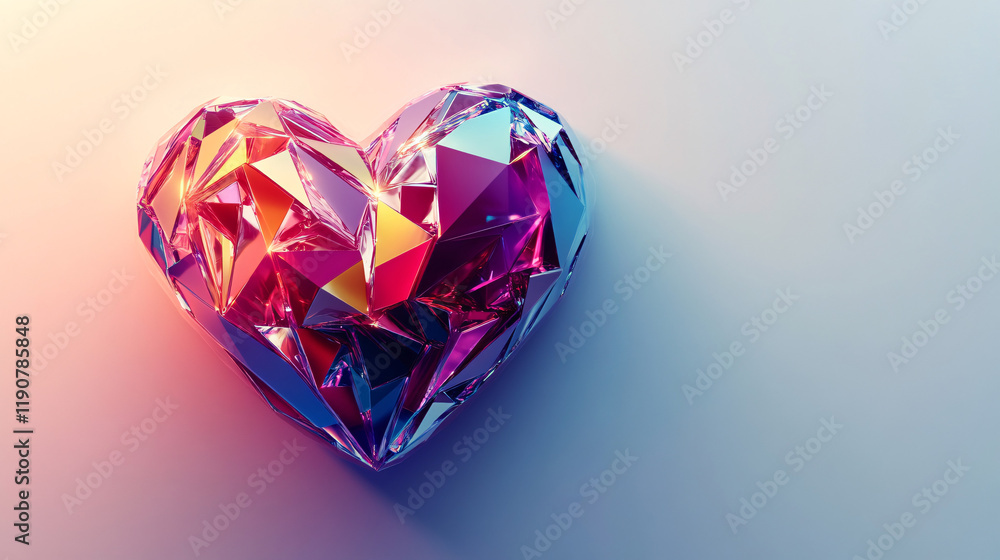 A modern, artistic 3D heart made of colorful geometric forms, emitting a soft glowing light on a clean white background A modern, artistic 3D heart made of colorful geometric forms, emitting a soft glowing light on a clean white background