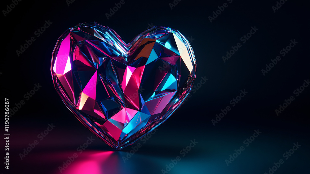 A vibrant 3D geometric heart glowing in a mix of neon pink, blue, and purple, set against a black background A vibrant 3D geometric heart glowing in a mix of neon pink, blue, and purple, set against a black background