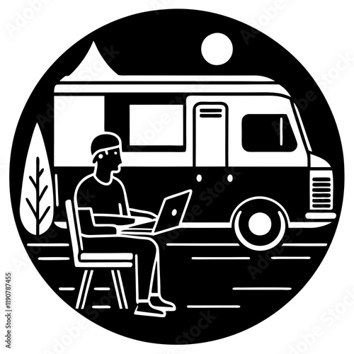 Tranquil Camper Van Remote Work Silhouette laptop travel escape nature