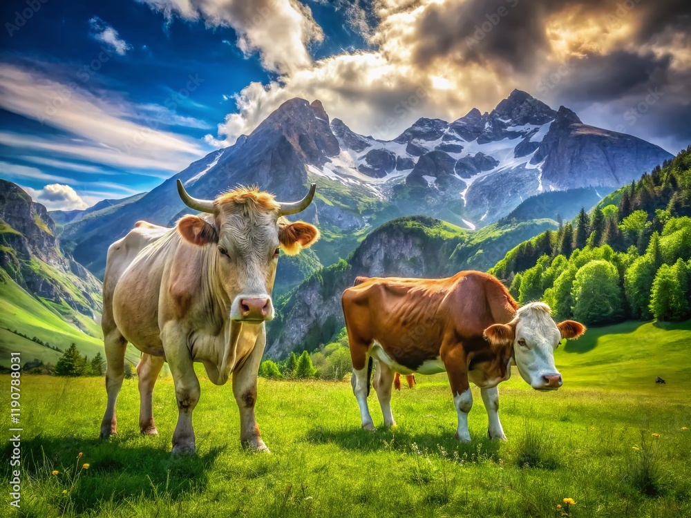 Happy New Year 2021: Bull and Cow Grazing in Mountain Pasture Happy New Year 2021: Bull and Cow Grazing in Mountain Pasture