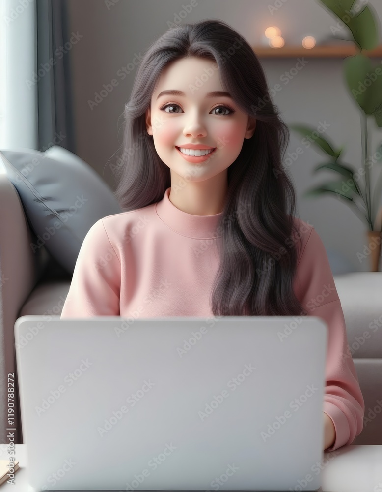 Naklejka premium Smiling Woman with Long Hair Using Laptop: Soft, Dreamy Digital Art
