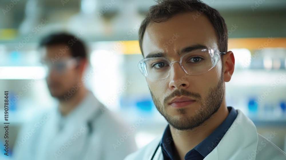 Fototapeta premium Portrait of medical doctors looking at camera inside laboratory hospital during coronavirus outbreak - Focus on right man face