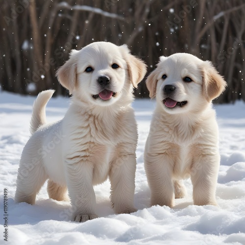 Two golden puppies in snow