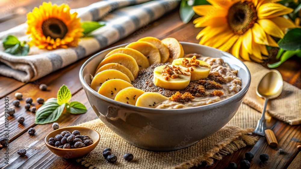Healthy Oatmeal Breakfast with Banana, Chia Seeds & Peanut Butter - Window Light Healthy Oatmeal Breakfast with Banana, Chia Seeds & Peanut Butter - Window Light