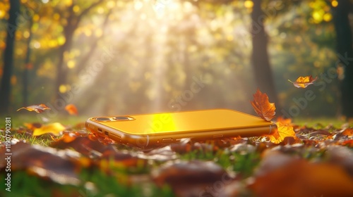 Golden Phone Case in Autumn Forest. Generative AI photo