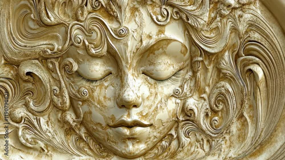 Intricate stone carving of a serene face surrounded by swirling patterns in ornate detail Intricate stone carving of a serene face surrounded by swirling patterns in ornate detail
