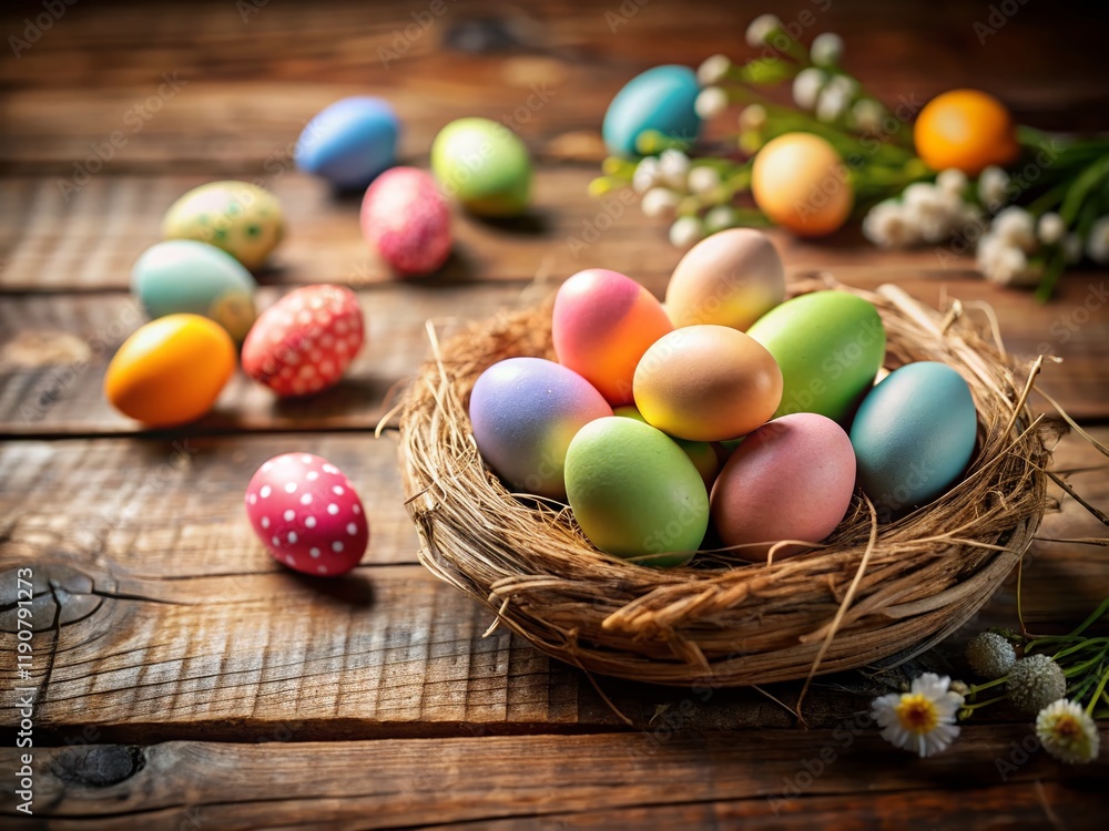 Spring Easter Egg Display with Copy Space: Festive Pastel-Colored Eggs on Rustic Wooden Background
