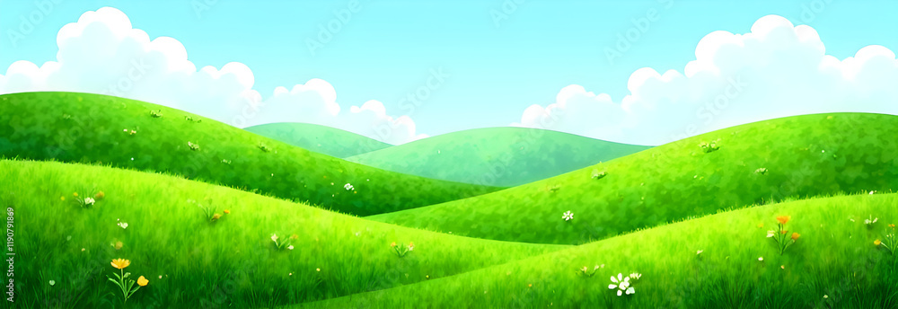 Relaxing hand drawn PC wallpaper design. The vibrant green hills adorned with colorful flowers and a clear blue sky, are ideal for themes about nature.e