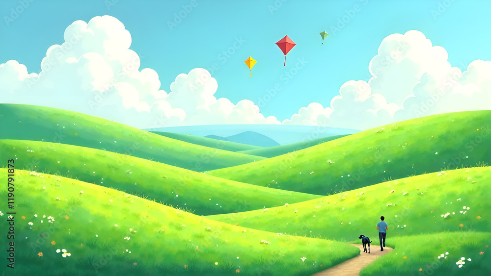 Relaxing hand drawn PC wallpaper design. A person strolls leisurely with a dog beneath joyful kites flying in a lively, vibrant green landscape