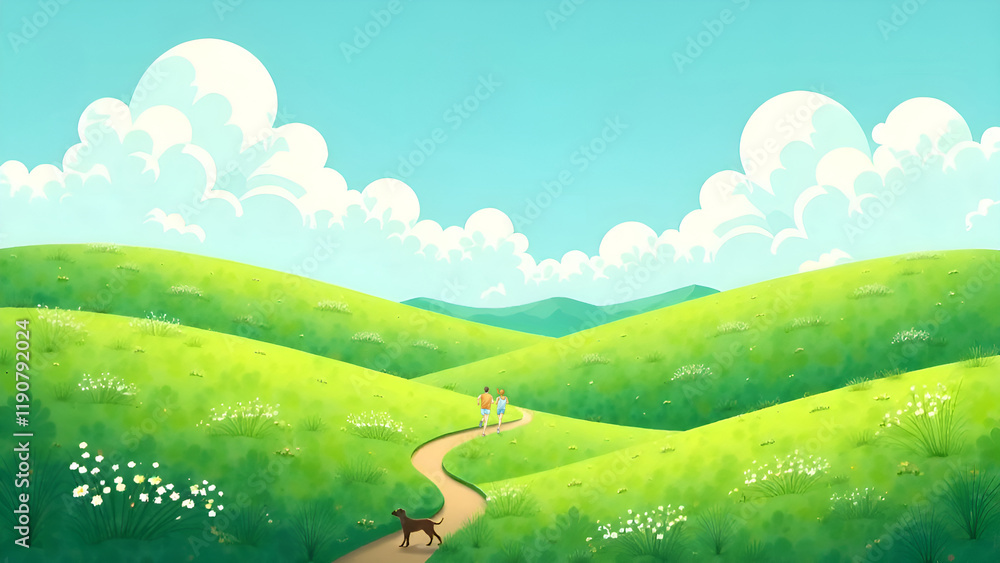 Relaxing hand drawn PC wallpaper design. A person strolls leisurely with a dog beneath joyful kites flying in a lively, vibrant green landscape