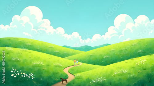 Obraz na płótnie Relaxing hand drawn PC wallpaper design. A person strolls leisurely with a dog beneath joyful kites flying in a lively, vibrant green landscape w salonie
