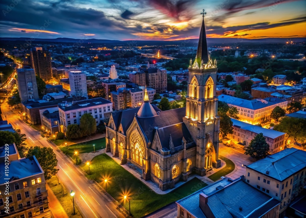 Fototapeta premium St. John's Church Syracuse, Night Orbit View - Low Light Aerial Photography