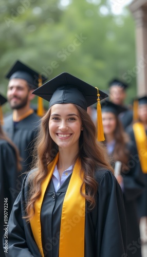 A smiling young woman in a black graduation gown and cap, adorned with a bright yellow tassel, stands proudly in front of her fellow graduates. The scene captures the essence of accomplishment and joy photo